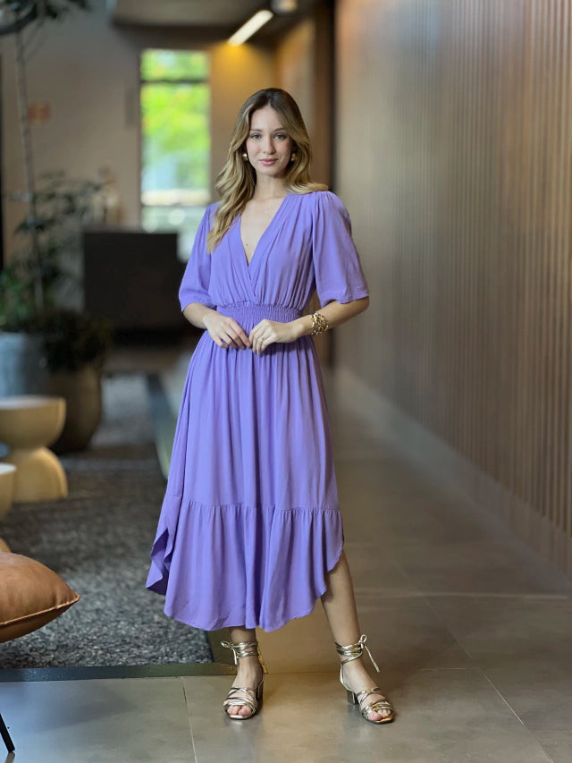 VESTIDO MIDI EM VISCOSE COM DECOTE V AZUL