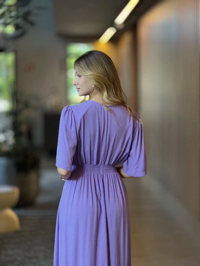 VESTIDO MIDI EM VISCOSE COM DECOTE V AZUL